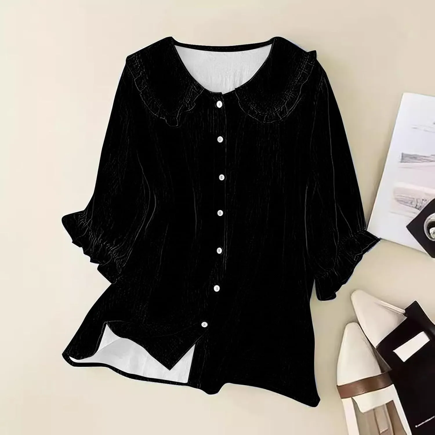 3/4 Sleeve Linen Shirts for Women Cotton Linen Button Ruffled Tshirt 2025 Summer Loose Stand Collar Casual Boho Tops
