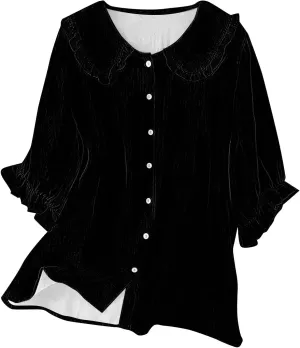 3/4 Sleeve Linen Shirts for Women Cotton Linen Button Ruffled Tshirt 2025 Summer Loose Stand Collar Casual Boho Tops