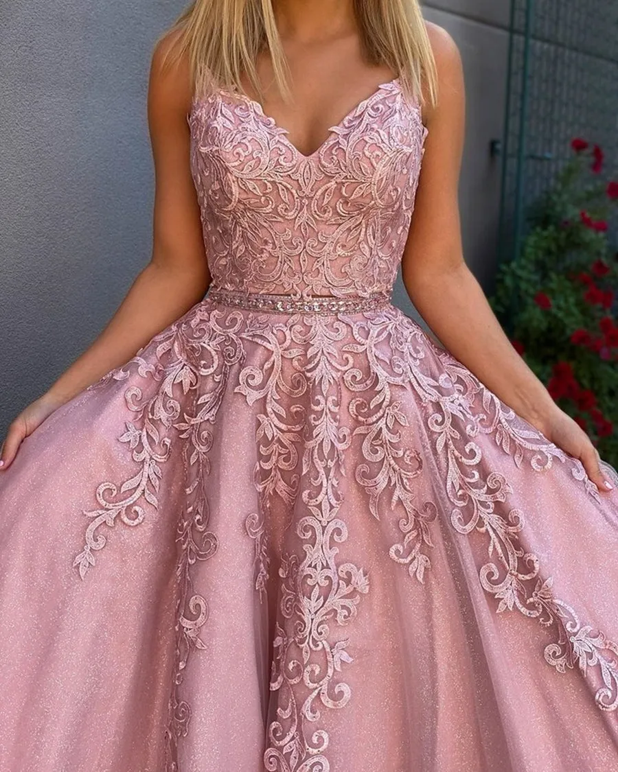 A Line V Neck Two Pieces Lace Appliques Pink Prom with Belt, 2 Pieces Pink Lace Formal, Lace Pink Evening