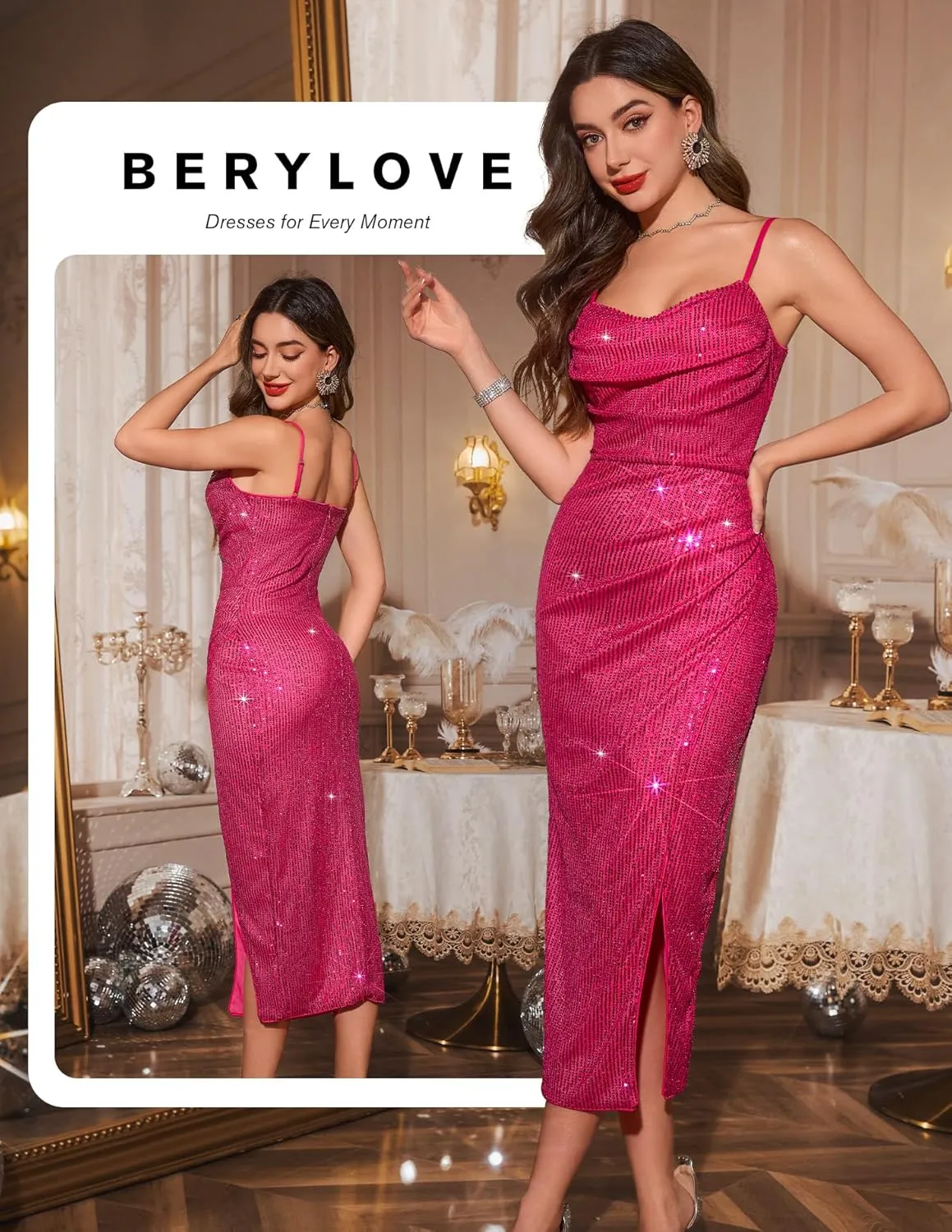 BeryLove Sequin Formal Wedding Guest Cocktail Spaghetti Strap Prom Bodycon Dress