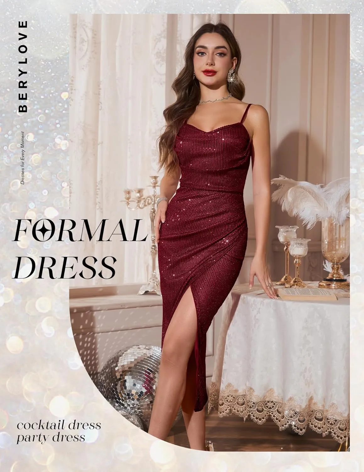 BeryLove Sequin Formal Wedding Guest Cocktail Spaghetti Strap Prom Bodycon Dress
