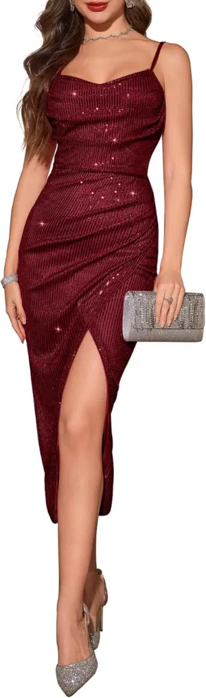 BeryLove Sequin Formal Wedding Guest Cocktail Spaghetti Strap Prom Bodycon Dress