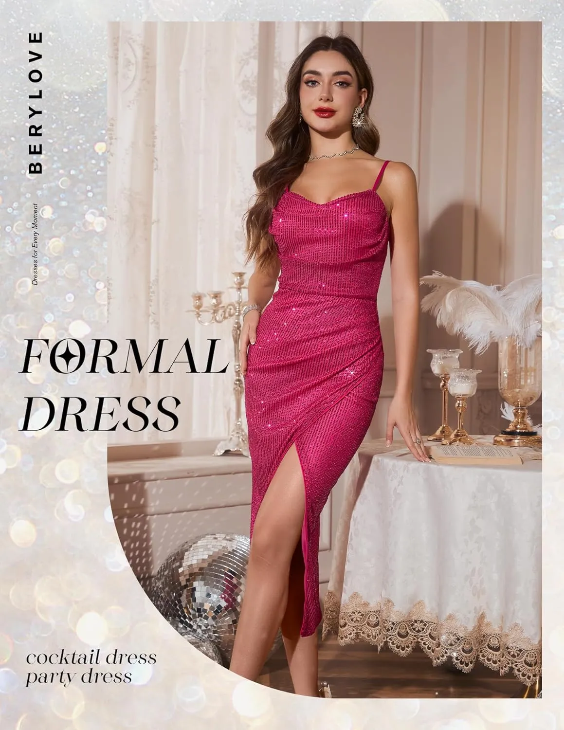 BeryLove Sequin Formal Wedding Guest Cocktail Spaghetti Strap Prom Bodycon Dress
