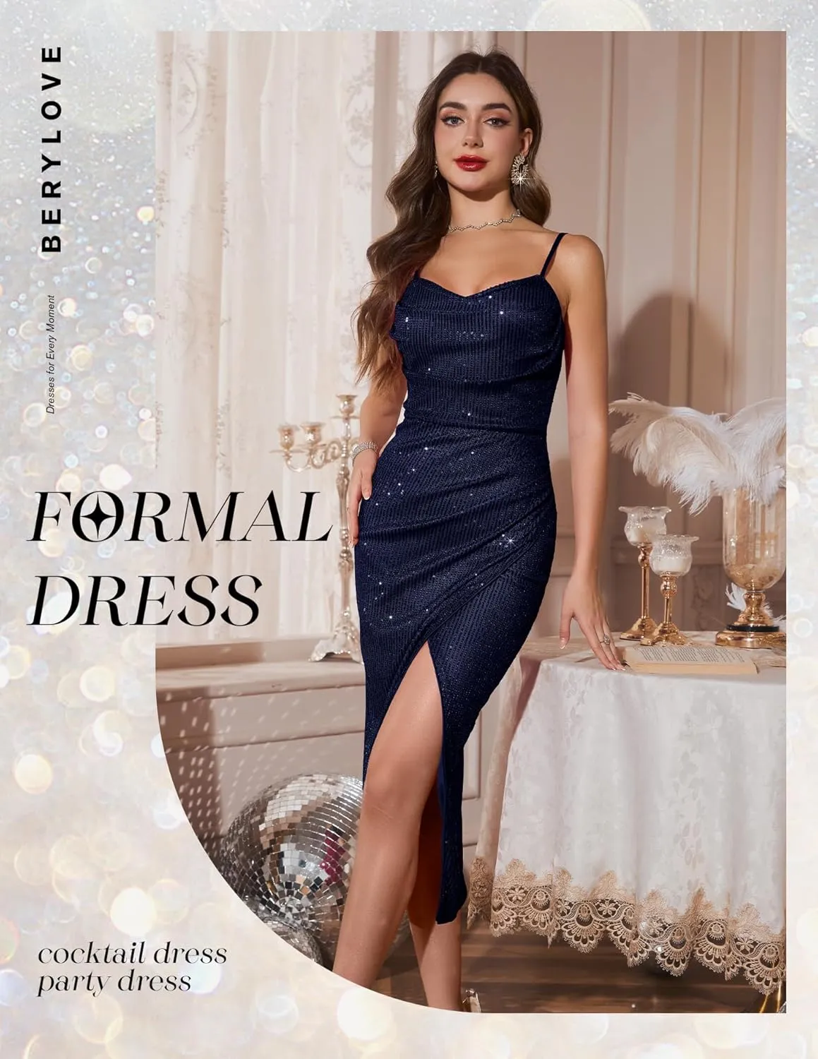 BeryLove Sequin Formal Wedding Guest Cocktail Spaghetti Strap Prom Bodycon Dress