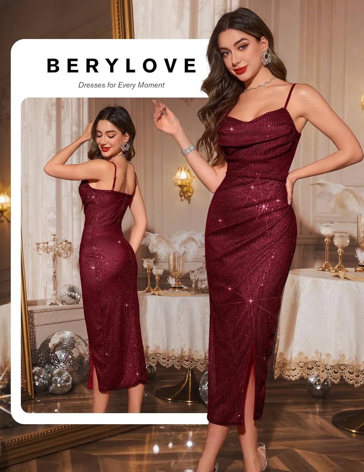 BeryLove Sequin Formal Wedding Guest Cocktail Spaghetti Strap Prom Bodycon Dress