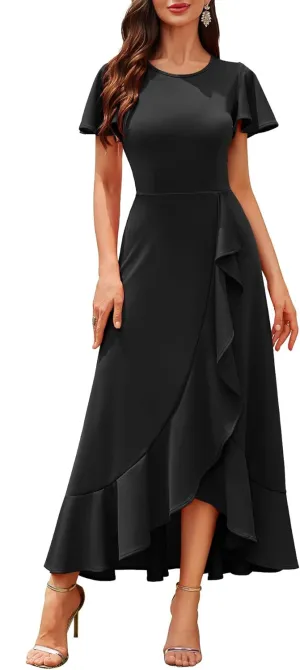 BeryLove Women Formal Party Dress Flutter Short Sleeve Wedding Cocktail Long Evening Dress