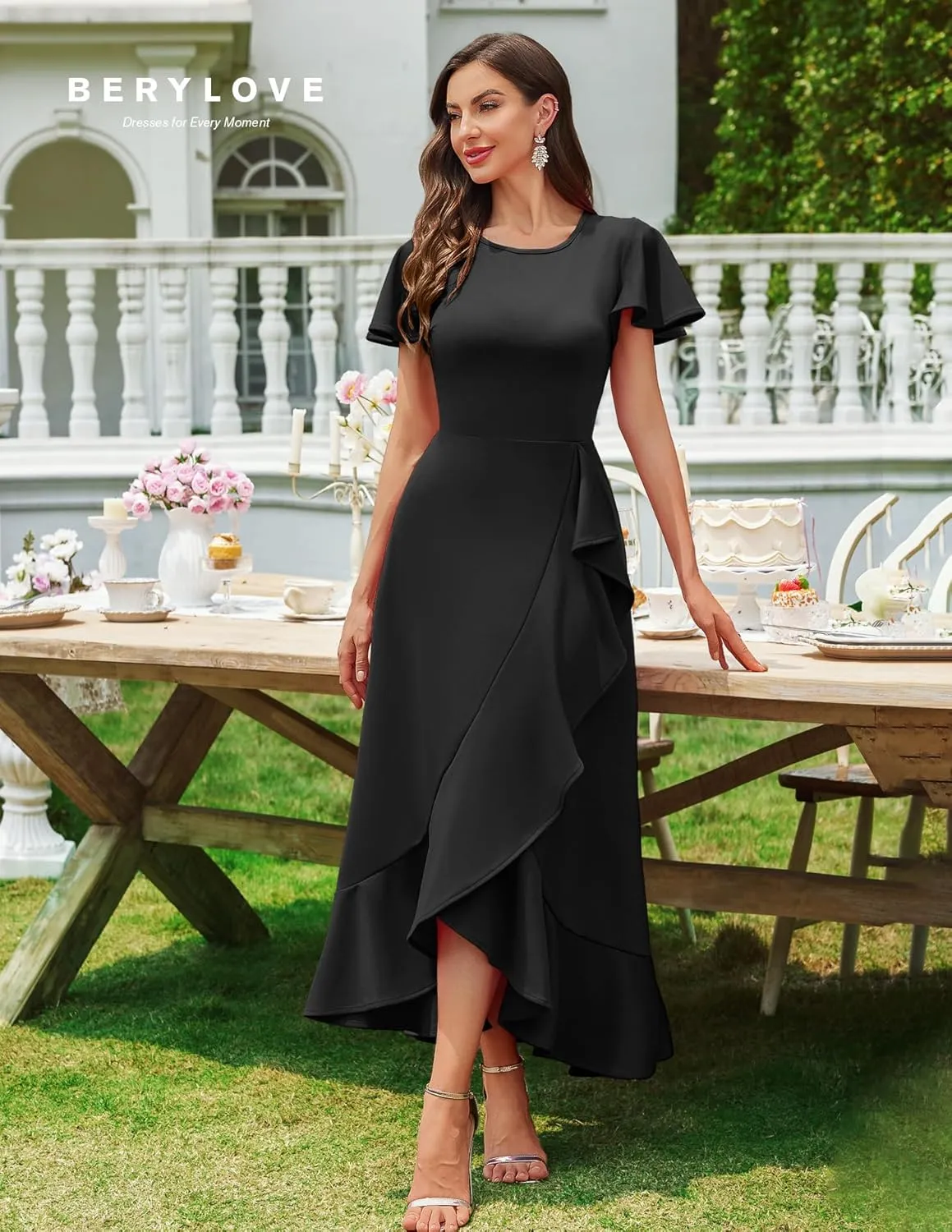 BeryLove Women Formal Party Dress Flutter Short Sleeve Wedding Cocktail Long Evening Dress