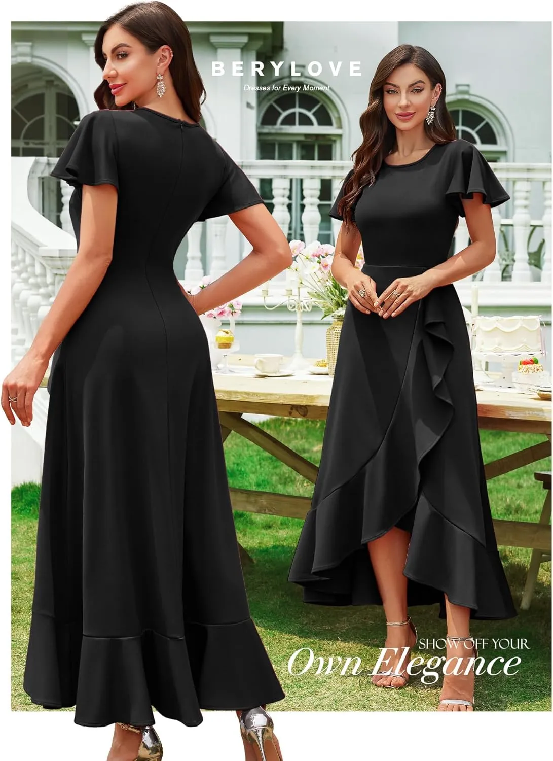 BeryLove Women Formal Party Dress Flutter Short Sleeve Wedding Cocktail Long Evening Dress