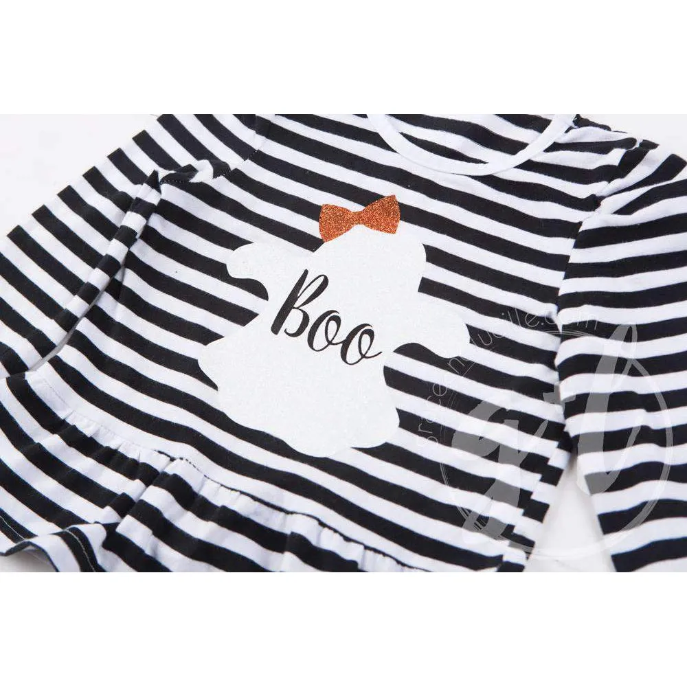 Black Stripe "BOO" Ghost Ruffle Hem Shirt, Long Sleeve