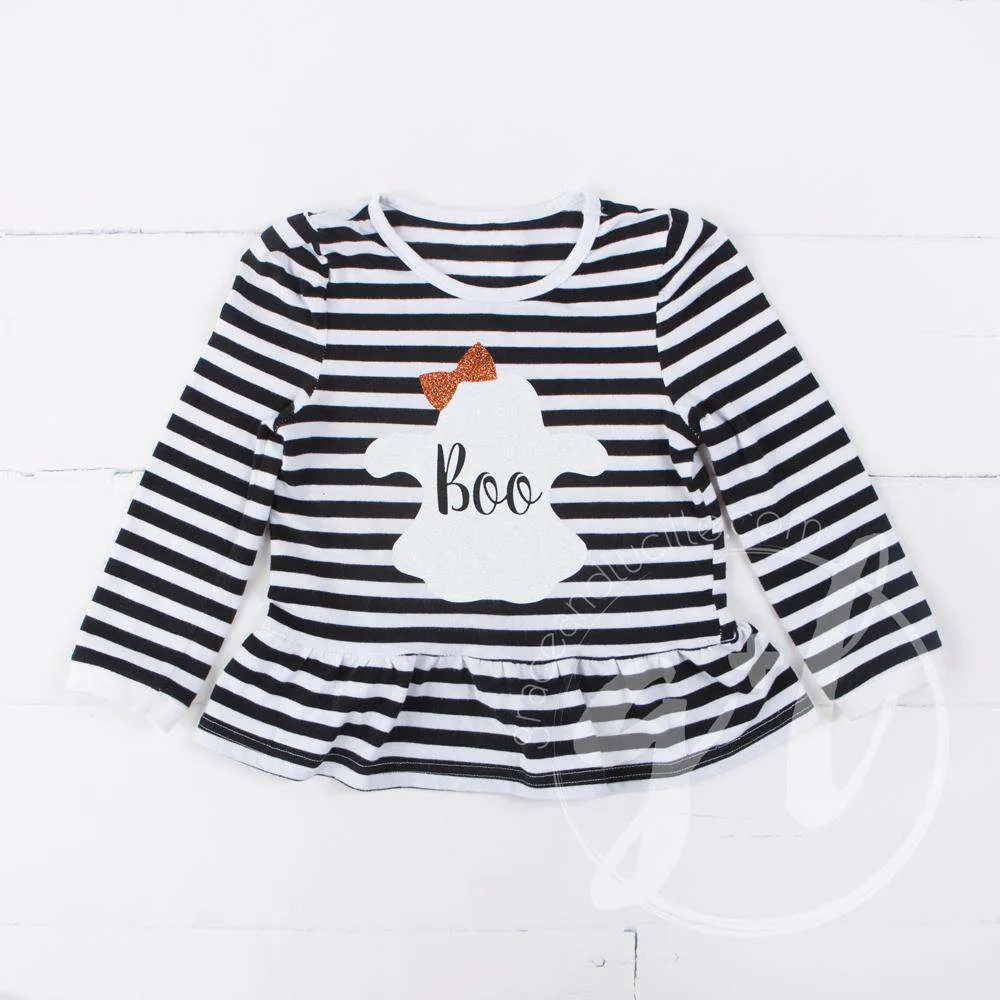 Black Stripe "BOO" Ghost Ruffle Hem Shirt, Long Sleeve