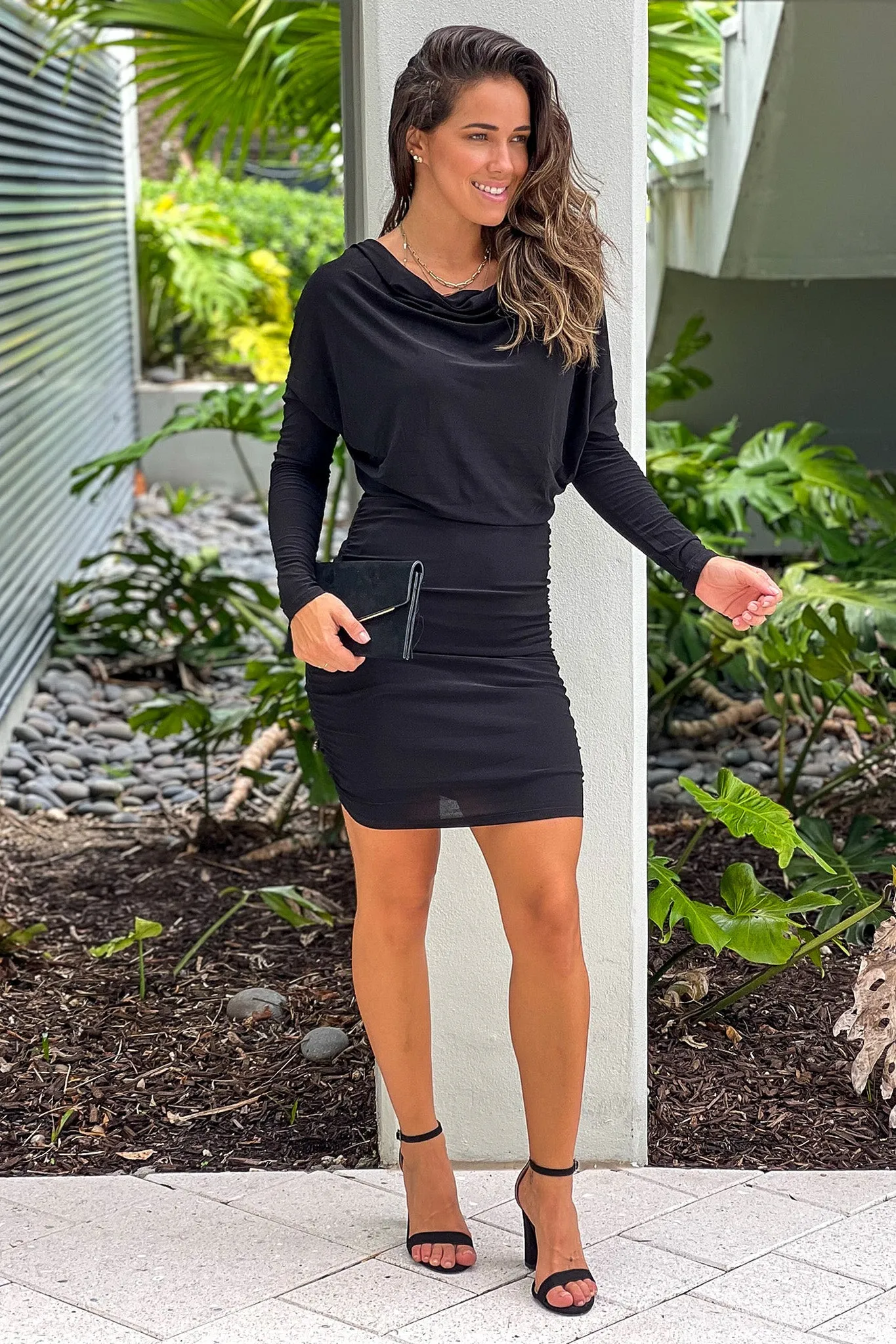 Black V Back Short Dress With Sleeves