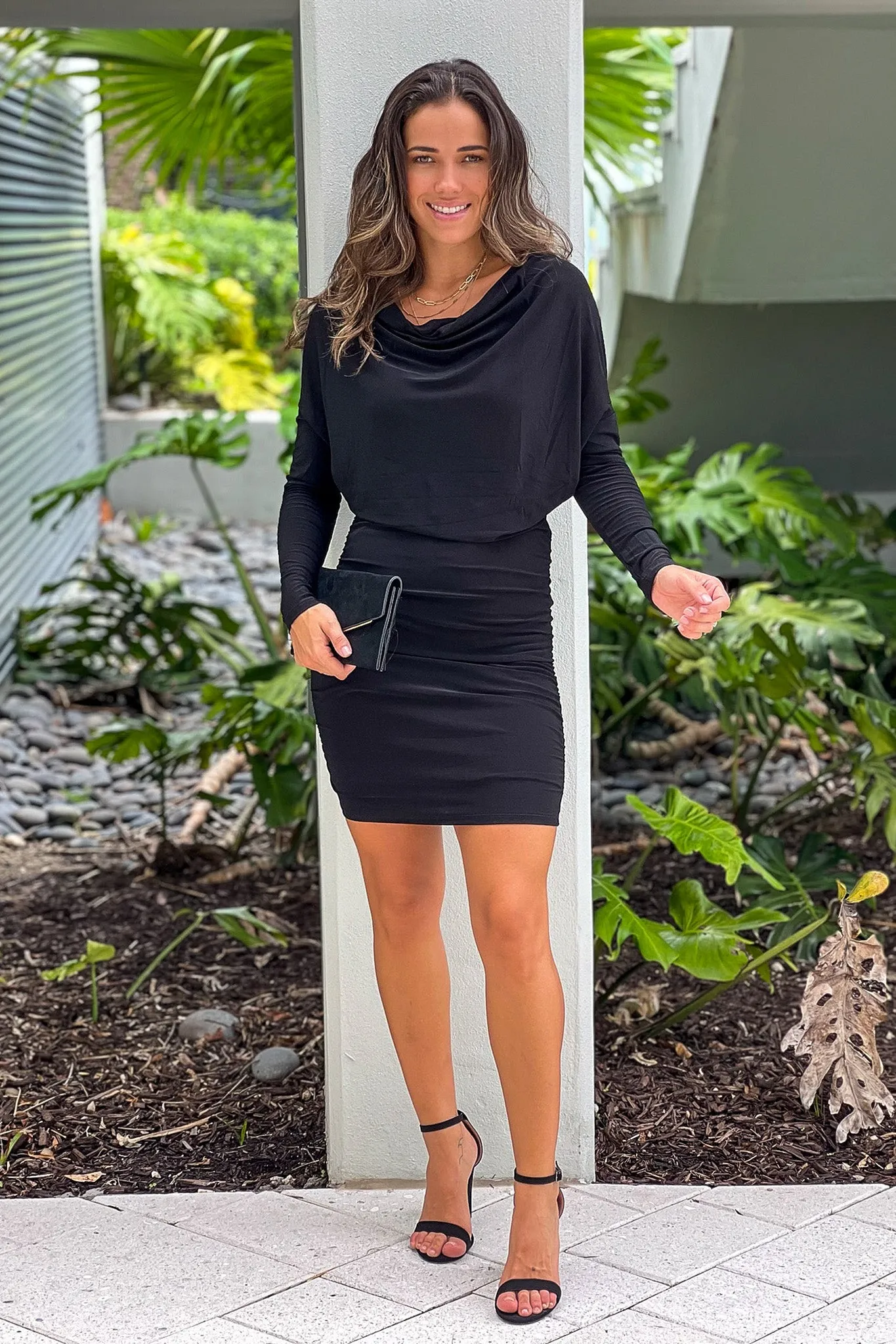 Black V Back Short Dress With Sleeves