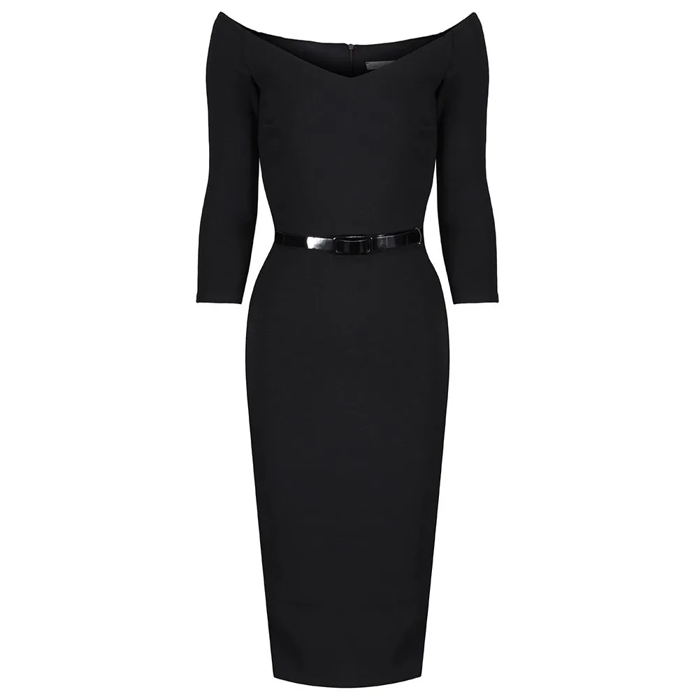 Black Wide V Neck 3/4 Sleeve Vintage Style Belted Bodycon Pencil Dress