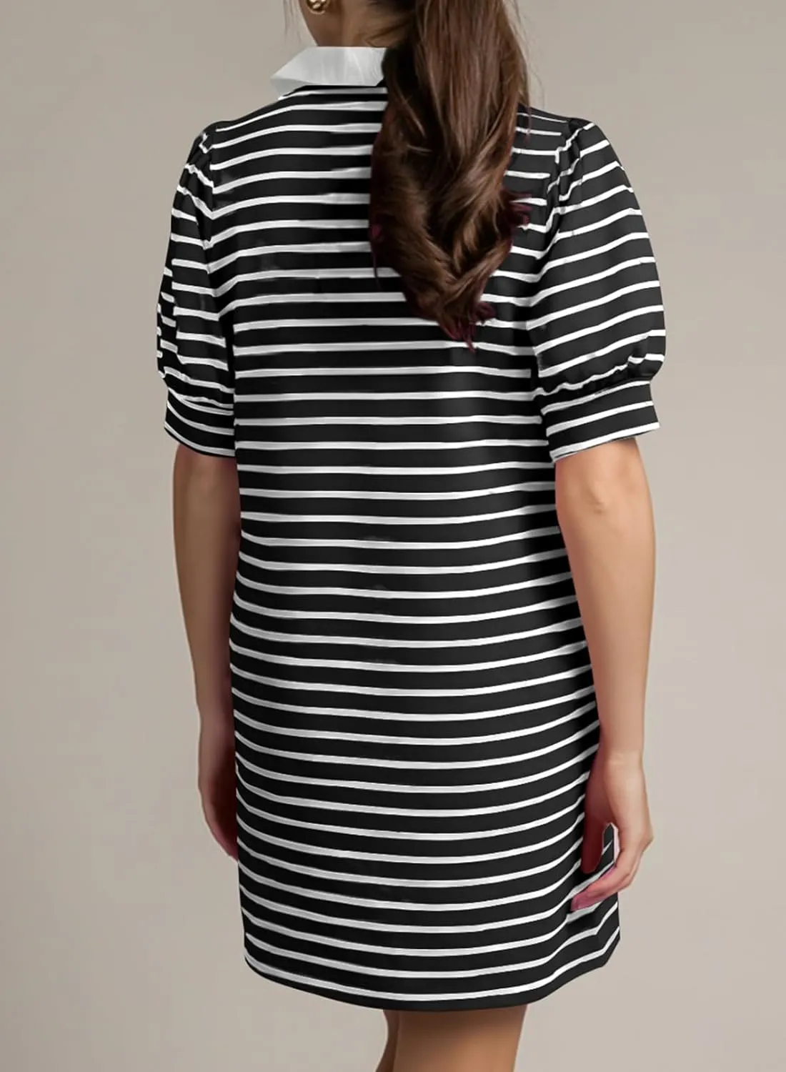 BLENCOT Women's Casual Polo V Neck T Shirt Striped Dress Summer Puff Short Sleeve MIdi Dresses