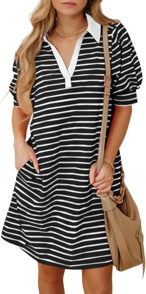 BLENCOT Women's Casual Polo V Neck T Shirt Striped Dress Summer Puff Short Sleeve MIdi Dresses