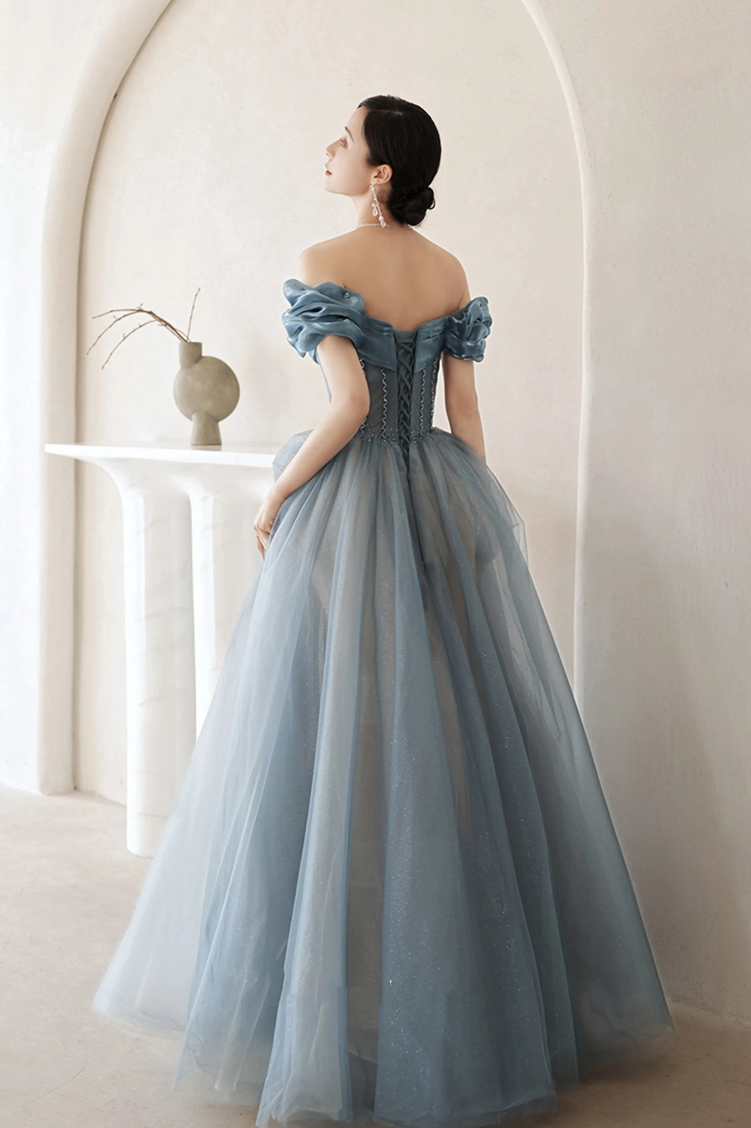Blue Tulle Long A Line Prom Dress Off Shoulder Evening Dress