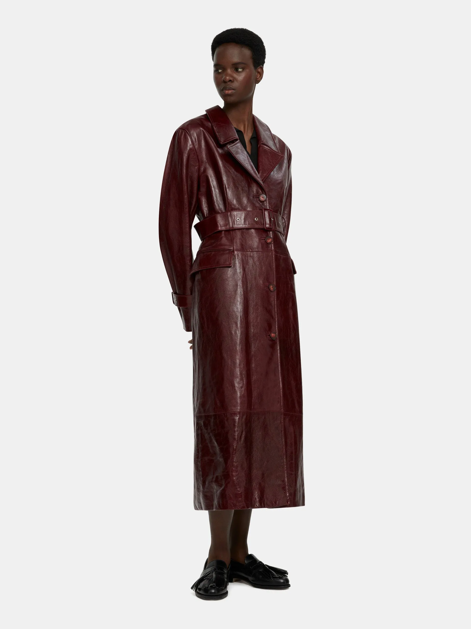 Brady trench coat in oxblood leather