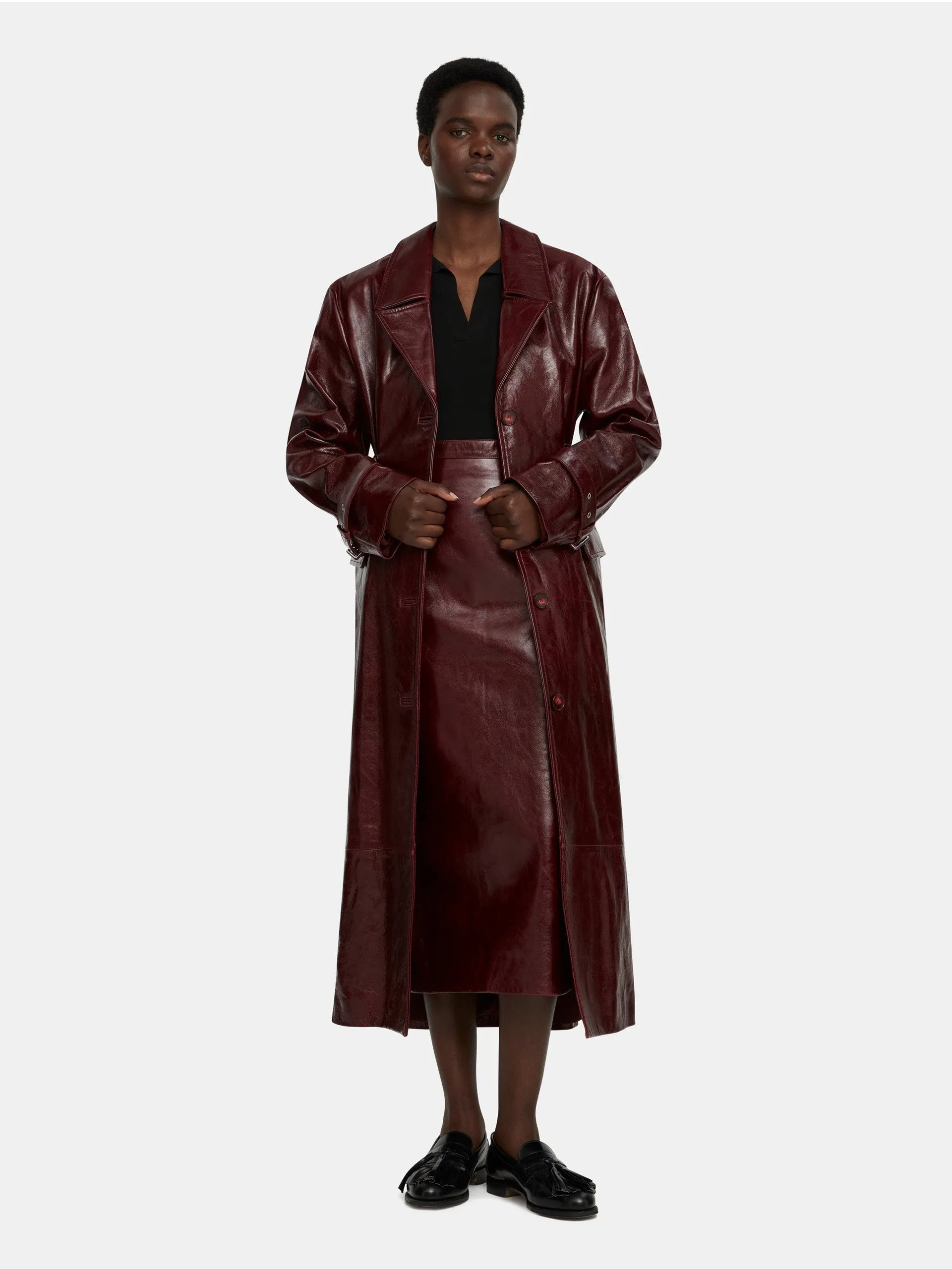 Brady trench coat in oxblood leather