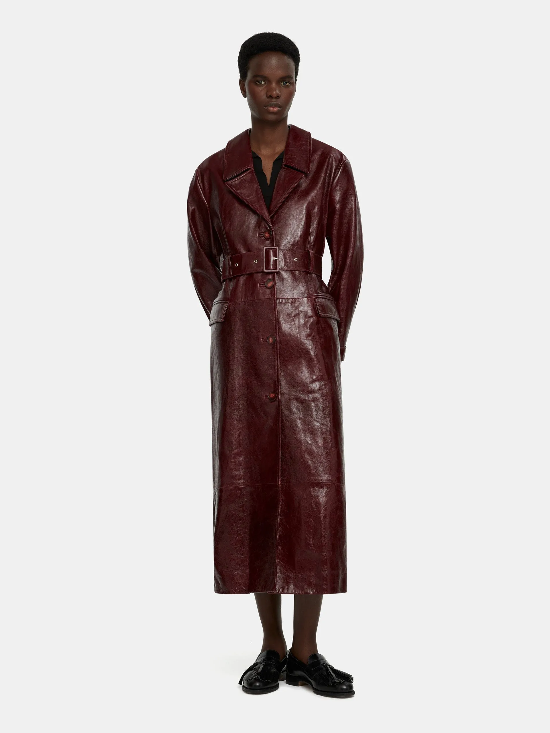 Brady trench coat in oxblood leather