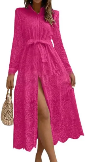 chouyatou Women's Elegant Lace Eyelet Embroidery Shirt Dress Long Sleeve Boho Belted Midi Long Button Down Dress