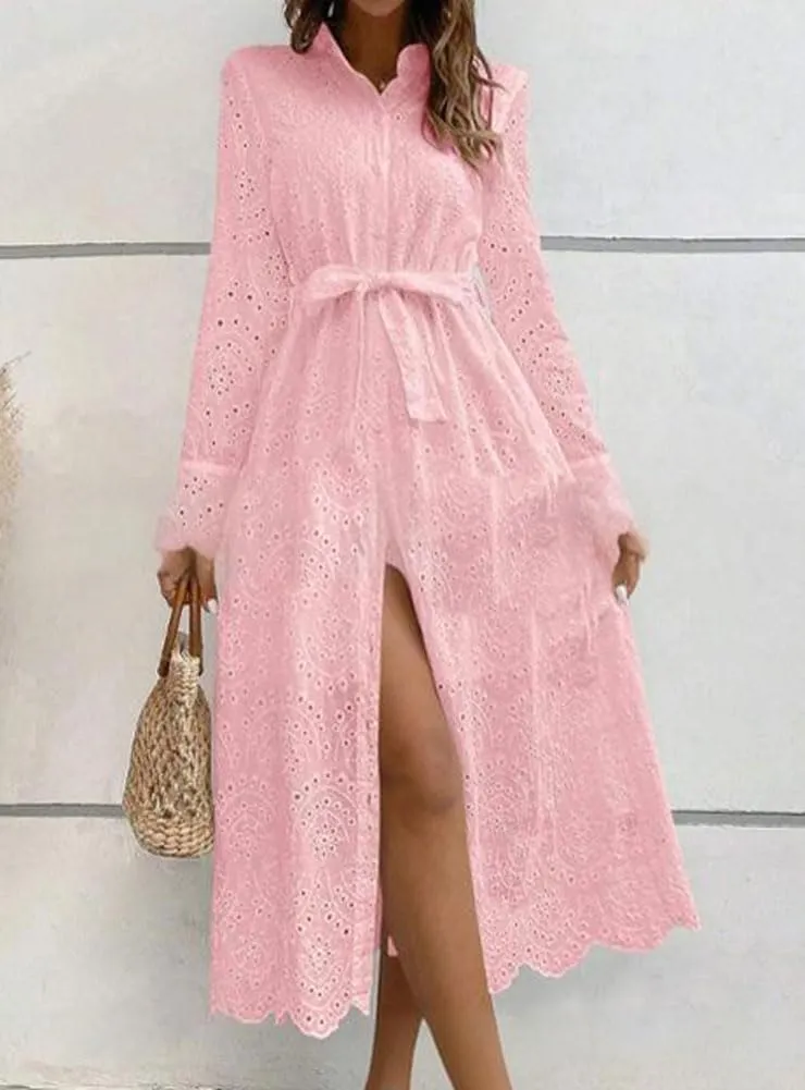 chouyatou Women's Elegant Lace Eyelet Embroidery Shirt Dress Long Sleeve Boho Belted Midi Long Button Down Dress