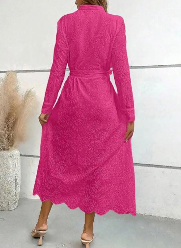 chouyatou Women's Elegant Lace Eyelet Embroidery Shirt Dress Long Sleeve Boho Belted Midi Long Button Down Dress