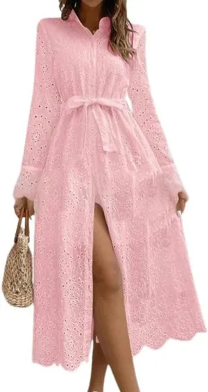 chouyatou Women's Elegant Lace Eyelet Embroidery Shirt Dress Long Sleeve Boho Belted Midi Long Button Down Dress