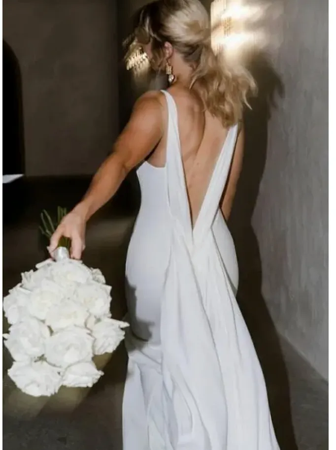 Deep V Neck Crepe Detachable Train Mermaid Wedding Dress Open Back Bridal Gown