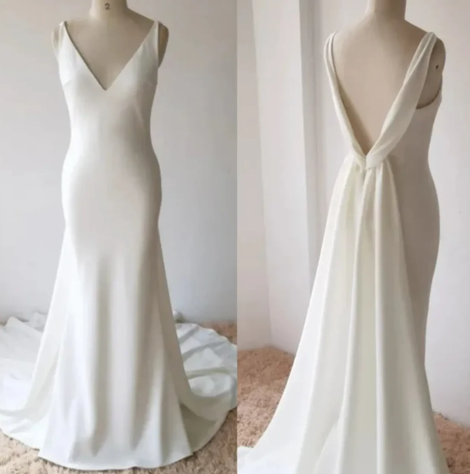Deep V Neck Crepe Detachable Train Mermaid Wedding Dress Open Back Bridal Gown