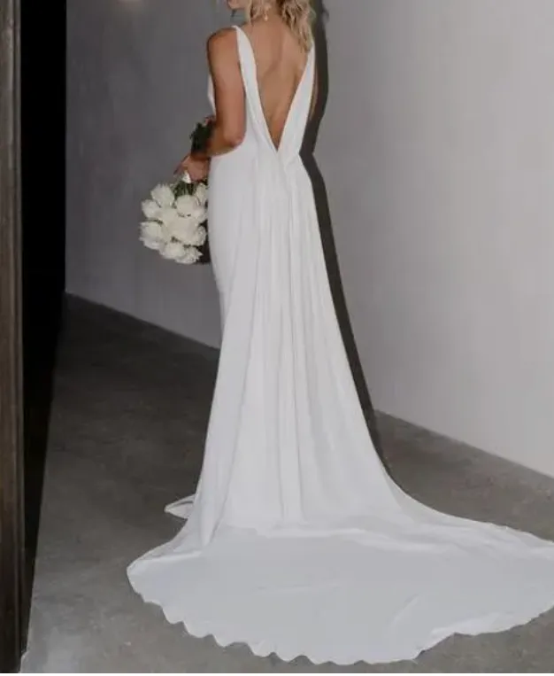 Deep V Neck Crepe Detachable Train Mermaid Wedding Dress Open Back Bridal Gown