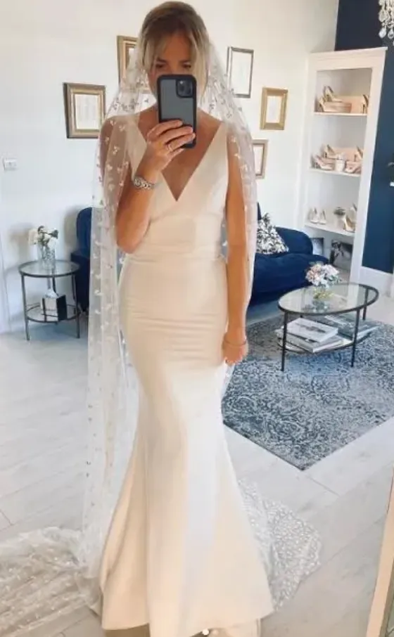 Deep V Neck Crepe Detachable Train Mermaid Wedding Dress Open Back Bridal Gown