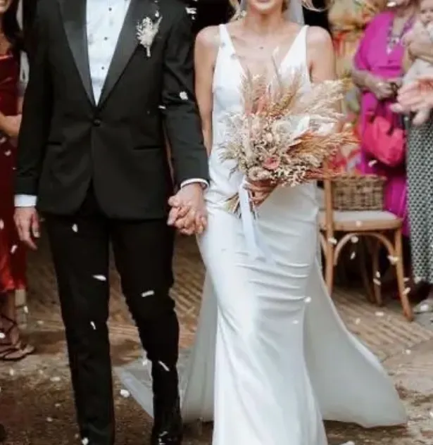 Deep V Neck Crepe Detachable Train Mermaid Wedding Dress Open Back Bridal Gown