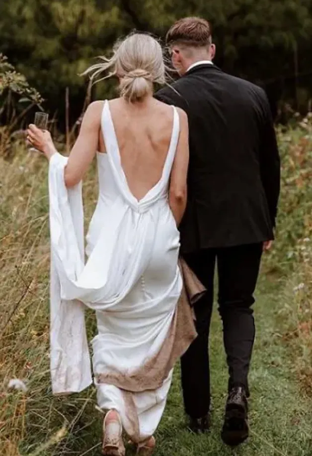 Deep V Neck Crepe Detachable Train Mermaid Wedding Dress Open Back Bridal Gown