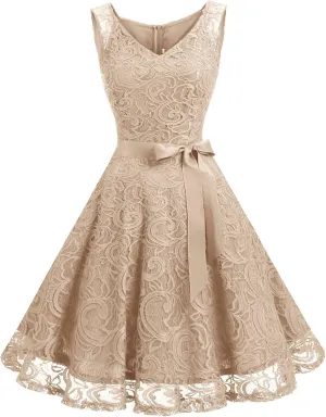 Dressystar Women Floral Lace Bridesmaid Party Dress Short Prom Dress V Neck