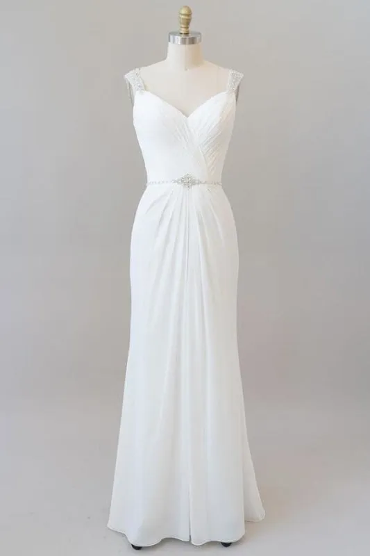 Elegant Ruffle Beading Chiffon Sheath Wedding Dress