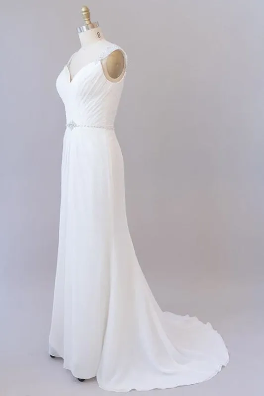 Elegant Ruffle Beading Chiffon Sheath Wedding Dress