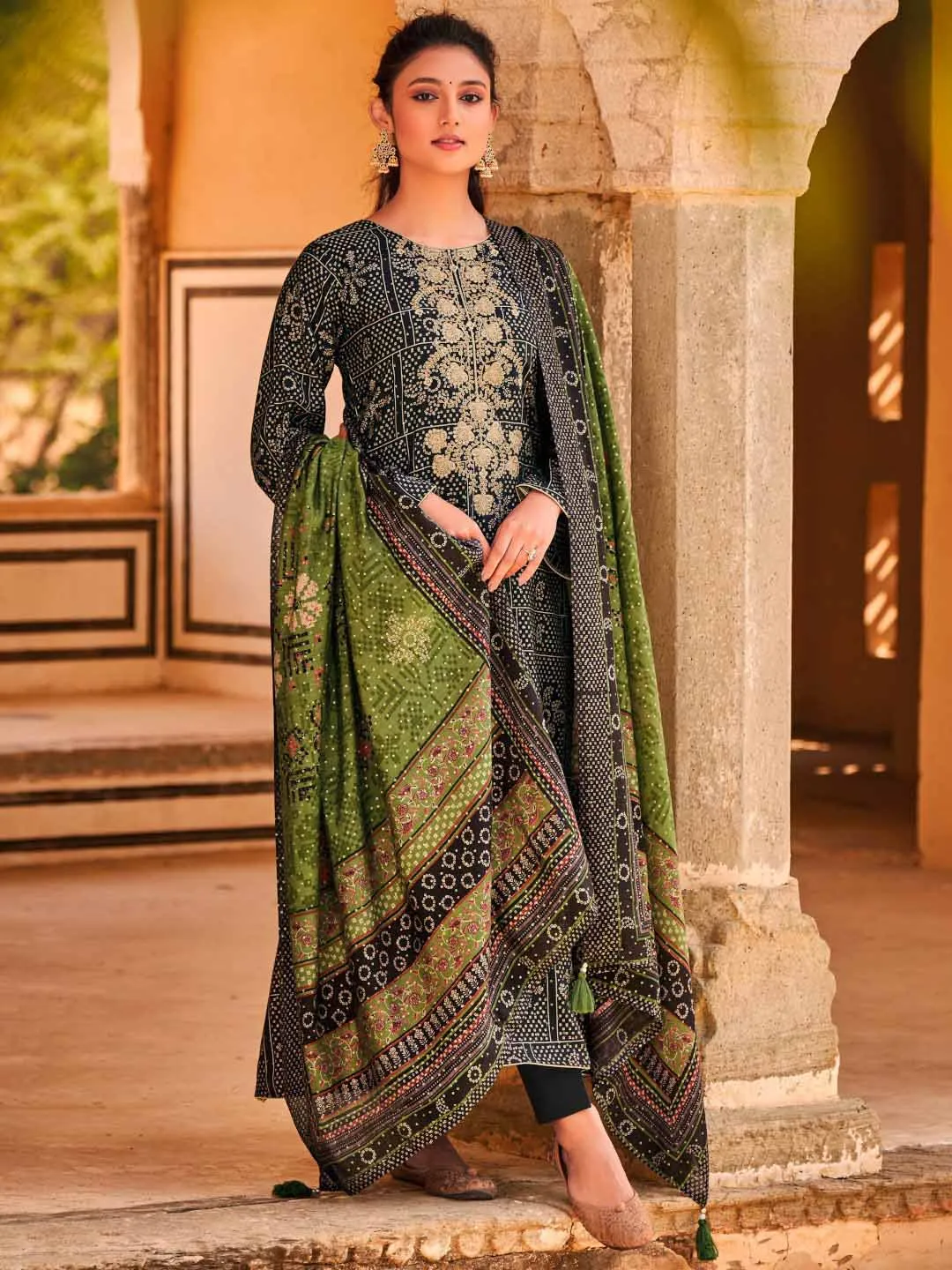 Embroidered Black Viscose Unstitched Women Suit Dress Materials