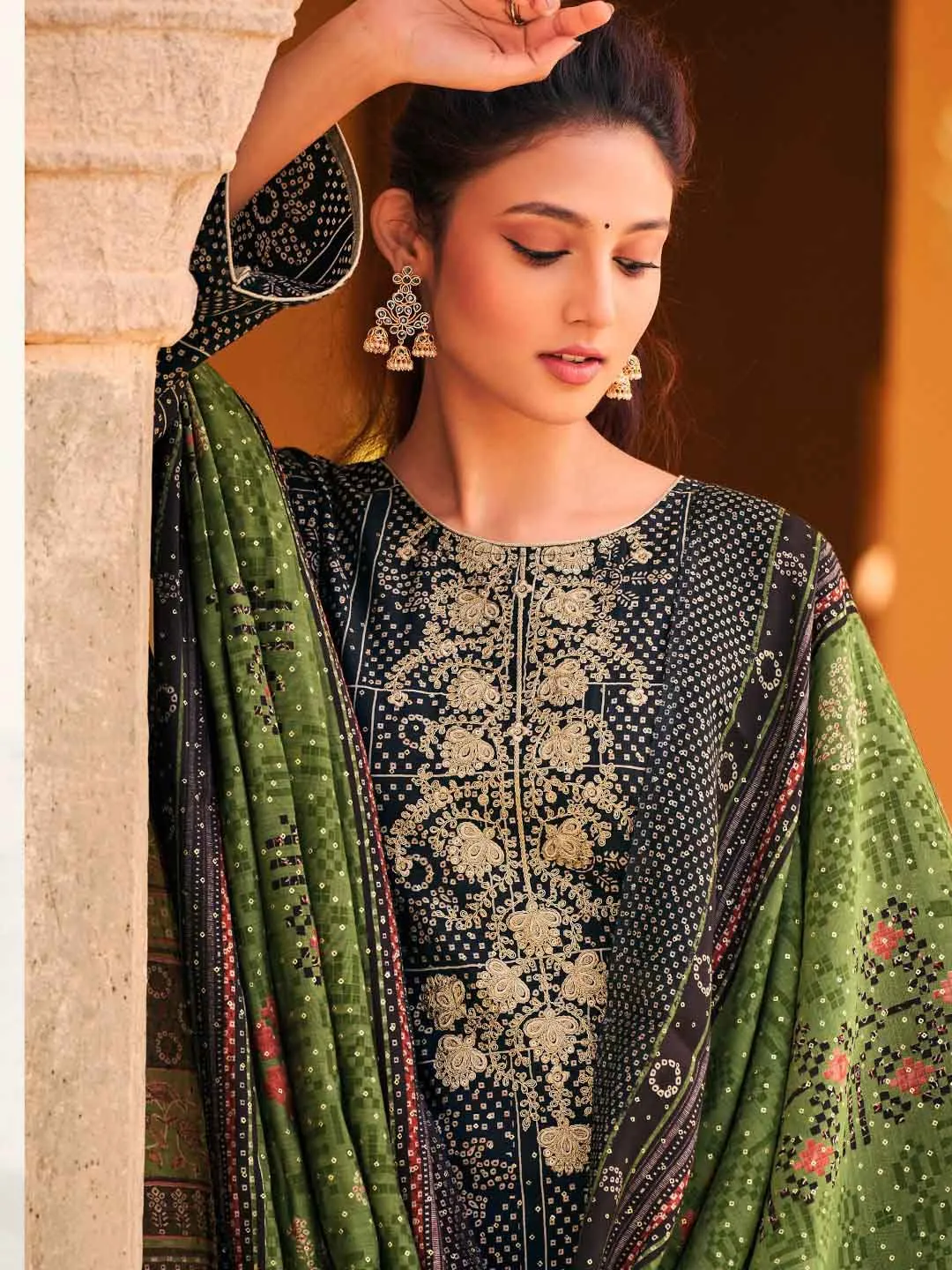 Embroidered Black Viscose Unstitched Women Suit Dress Materials