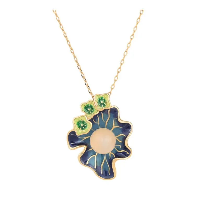 Exquisite enamel lotus pendant court style vintage natural chalcedony beads necklace