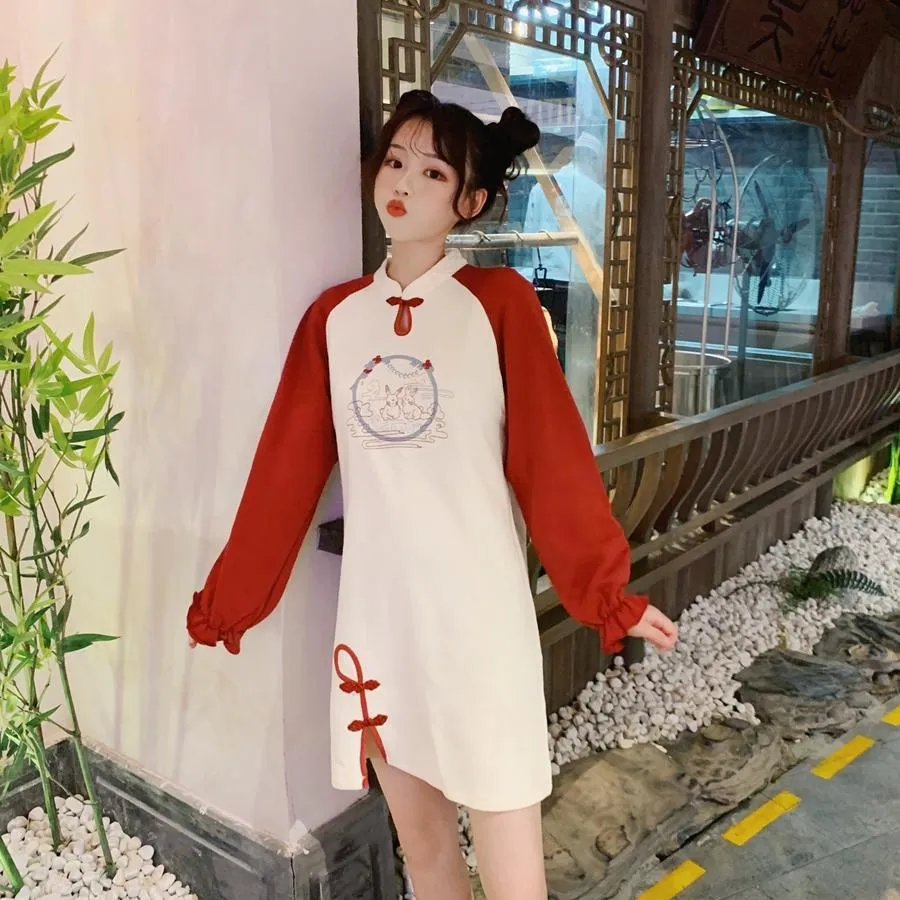Floral Long Sleeved Cheongsam Dress