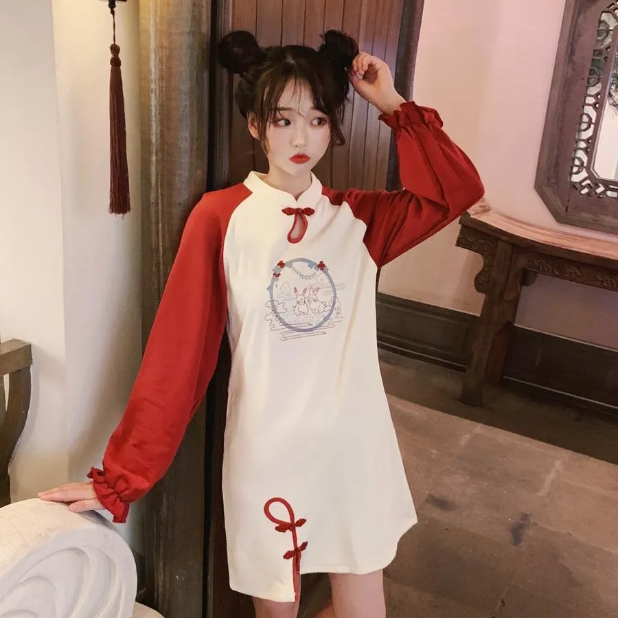 Floral Long Sleeved Cheongsam Dress