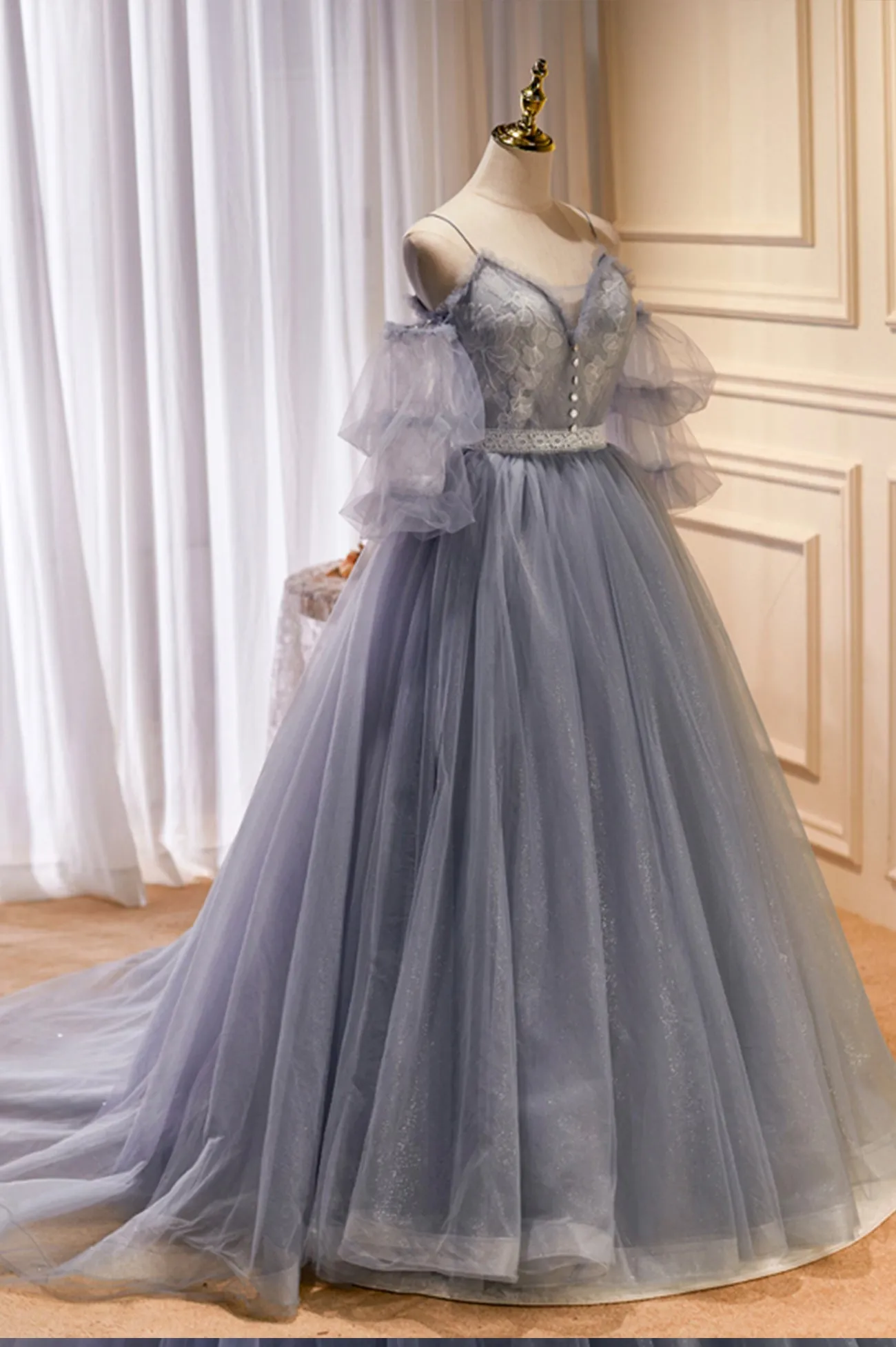 Gray Spaghetti Strap Lace Long Prom Dress Off the Shoulder Evening Party Dress