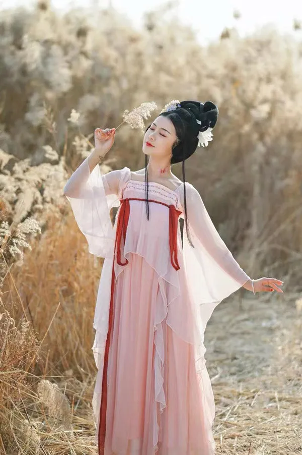 Handmade Pink Modern Hanfu Dess Daily Hanfu Skirt Chinese Style Chiffon Fairy Dress