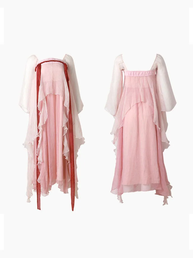 Handmade Pink Modern Hanfu Dess Daily Hanfu Skirt Chinese Style Chiffon Fairy Dress