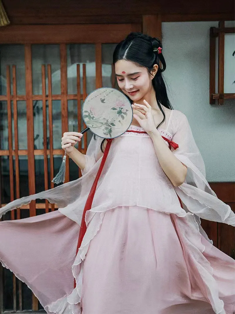 Handmade Pink Modern Hanfu Dess Daily Hanfu Skirt Chinese Style Chiffon Fairy Dress