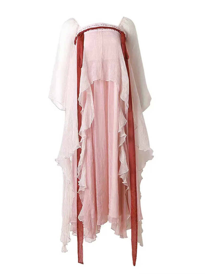 Handmade Pink Modern Hanfu Dess Daily Hanfu Skirt Chinese Style Chiffon Fairy Dress
