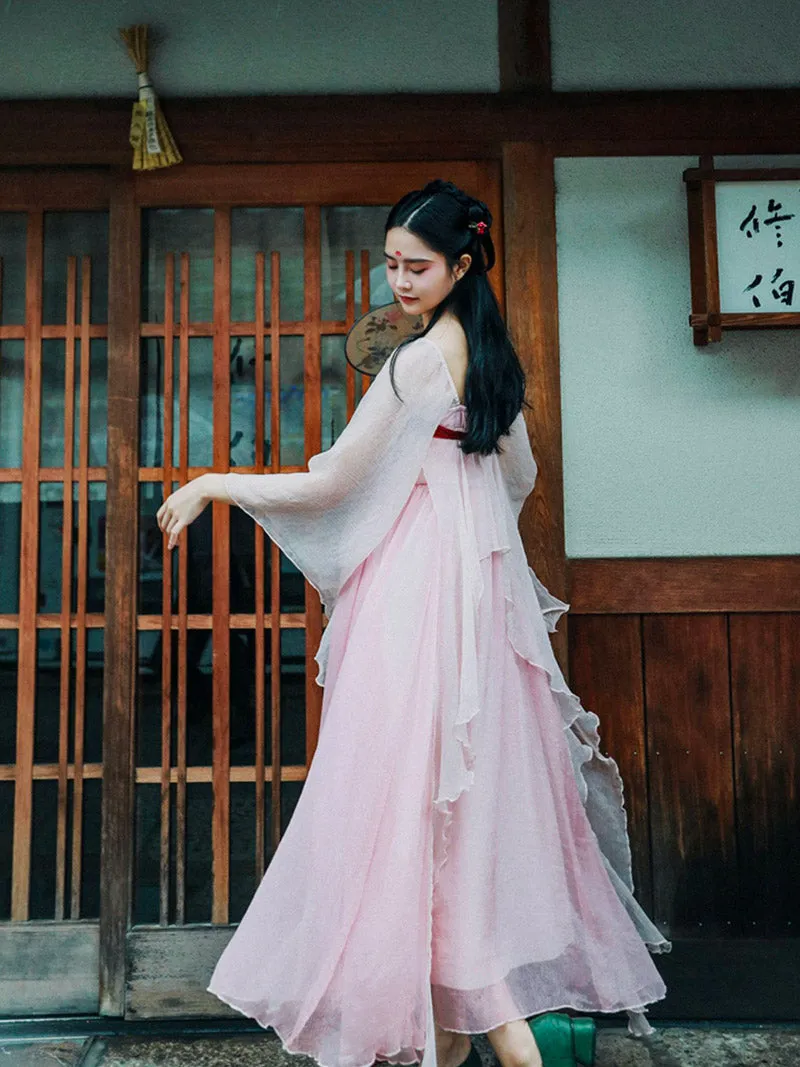 Handmade Pink Modern Hanfu Dess Daily Hanfu Skirt Chinese Style Chiffon Fairy Dress