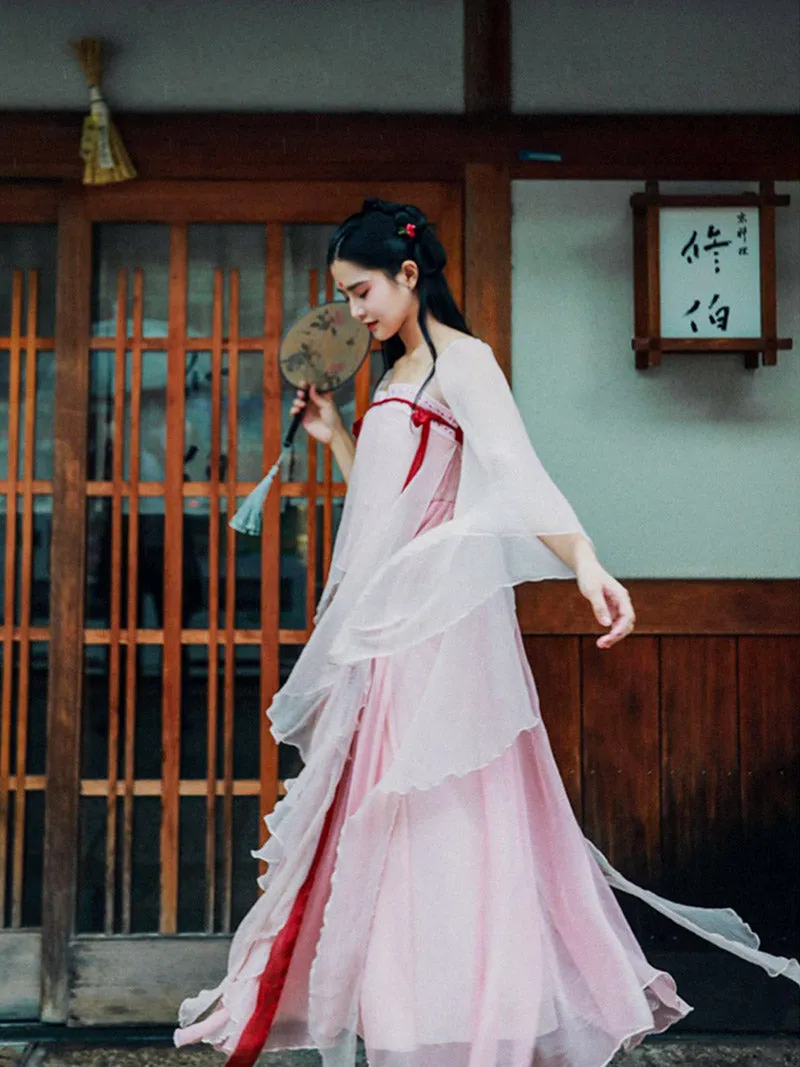 Handmade Pink Modern Hanfu Dess Daily Hanfu Skirt Chinese Style Chiffon Fairy Dress