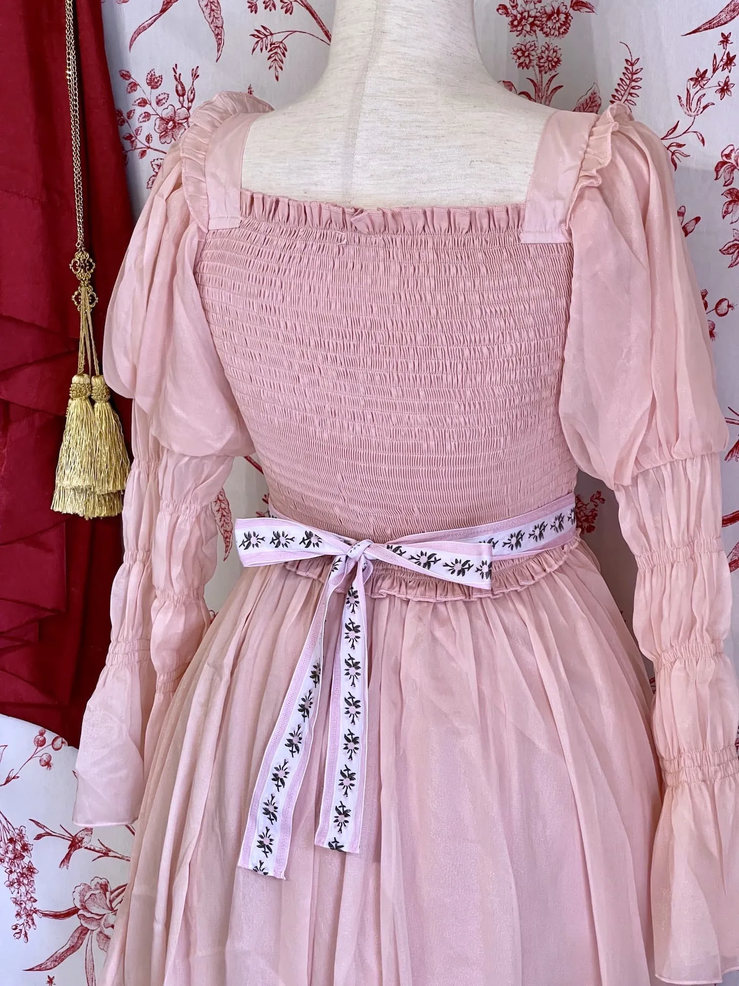 Handmade Rococo and Regency Style Floral Ribbon Belt in Pink x White