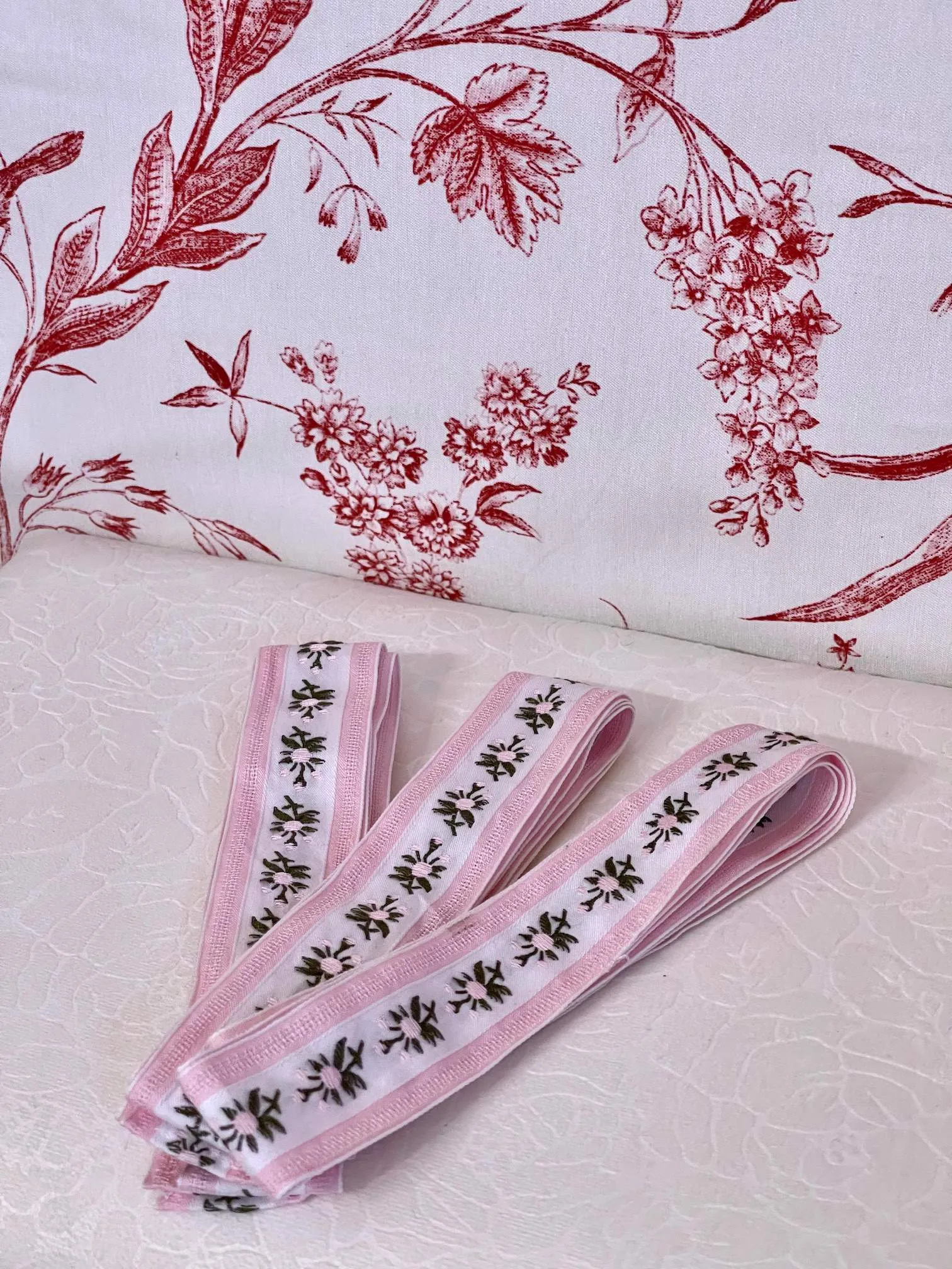 Handmade Rococo and Regency Style Floral Ribbon Belt in Pink x White